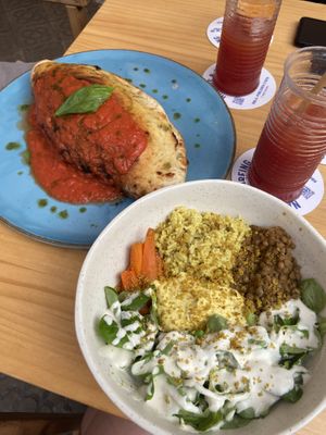 buddha bowl and calzone alla bolgnese   at Blu Bar in Barcelona