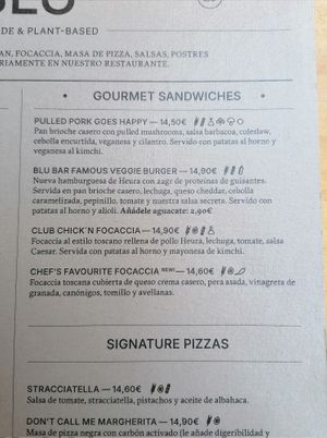 Menu at Blu Bar in Barcelona