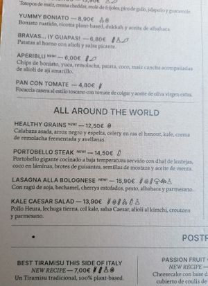 Menu at Blu Bar in Barcelona