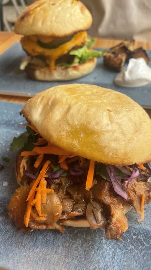 Pulled pork burger and veggie burger   at Blu Bar in Barcelona