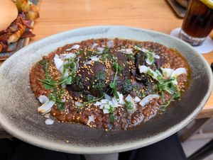 Portobello Steak on Dal with herbs and Coconut Bacon at Blu Bar in Barcelona