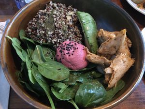Plant protein buddha bowl ~ so good! The sauces were excellent! at Blu Bar in Barcelona