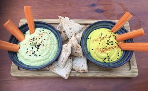 Edamame and turmeric hummus with pita bread at Blu Bar in Barcelona