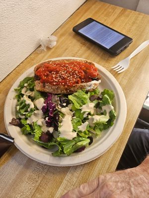 Unmeatball sandwiches and salad with tahini dressing at Sugar Apple Organic Cafe in Key West