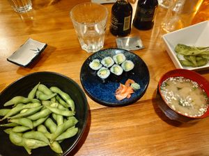 Edamame, Vegan sushi and miso soup! at Café Japonais in Bordeaux