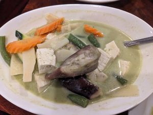Green curry - very delicious! ( I had already served myself some out of this bowl) at Kao Sook Thai Cuisine in Scotts Valley