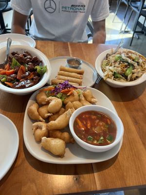 Shrimp, ginger beef and noodle stirfry  at Padmanadi in Edmonton