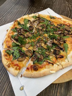 Mushroom pizza with vegan cheese (really nice)   at Scotts Brewing Co in Oamaru