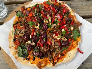 Vegan Lovers Pizza without optional vegan Cheese  at Scotts Brewing Co in Oamaru