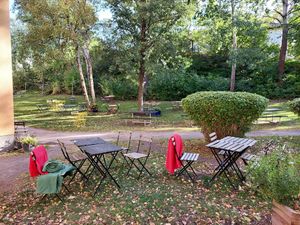Outdoor seatings in the backyard. at Söderbergs Bageri in Hagersten