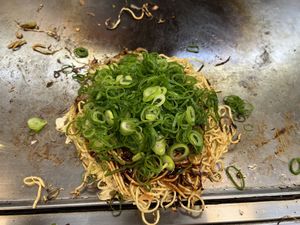 Green onions and garlic chips as toppings  at Roku in Hiroshima