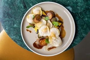 Pumpkin: Ravioli/ Blue Banana/ Zappho/ King Oyster Mushroom at Bonvivant Cocktail Bistro in Berlin