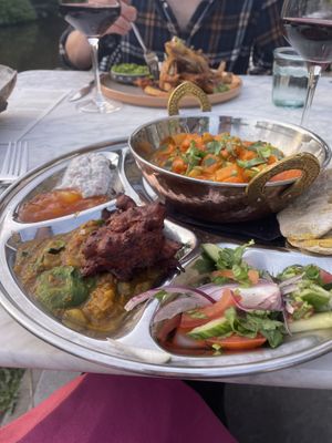 Indian Thali (banana blossom fish & chips in the background)  at Beck Hall in Malham