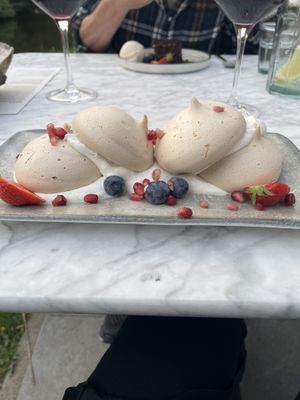 Pomegranate rose meringue & sticky toffee pudding  at Beck Hall in Malham