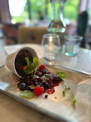 Wow this chocolate pot was sublime. Smooth and well balanced that was just delicious and not sickly. The chocolate soil added a great texture and crunch and the fresh fruit mmmm at Beck Hall in Malham