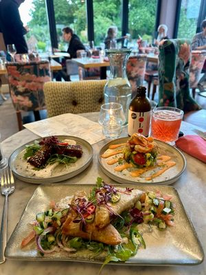 Dinner buffet for one! 3 starters instead of a main course as I was still fairly full from lunch. Seafood cocktail, Tamarind ribs & samosa   at Beck Hall in Malham