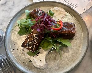 Tamarind treacle-glazed baby back 'ribs'
Handmade seitan, spiced crème fraiche, chive at Beck Hall in Malham