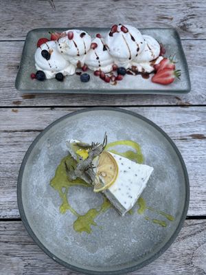 Pomegranate Pavlova and lemon chia cheesecake   at Beck Hall in Malham