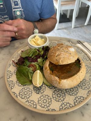 Dahl in bread bowl   at Beck Hall in Malham