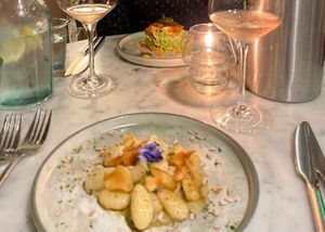 Prawn cocktail and Jerusalem artichoke gnocchi   at Beck Hall in Malham