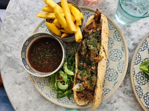 Steak onion & gravy baguette with added skin on fries  at Beck Hall in Malham