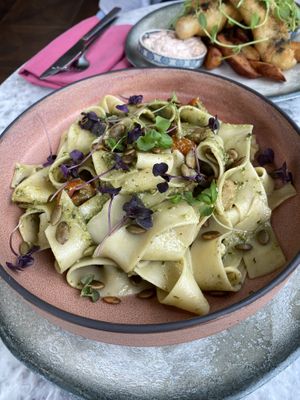 Basil & pumpkin seed pesto pappardelle (With added 'chicken')  at Beck Hall in Malham