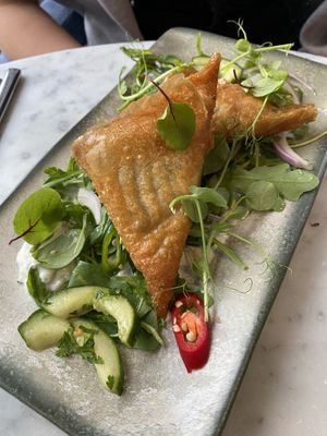 Spiced potato & sweet pea samosas  at Beck Hall in Malham