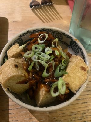 Gochujang ginger tofu, inside bland, outside spicy of course at Beck Hall in Malham