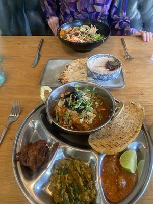 Aromatic Indian Thali (Bottom), White Bean Hummus (Middle) & Korean Rice Bowl with Tofu (Top)  at Beck Hall in Malham