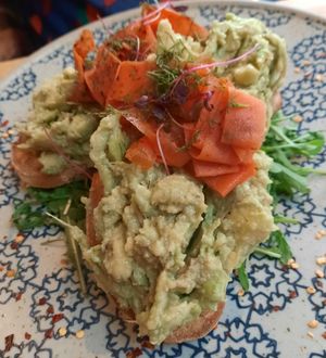 Avocado and cured carrot on sourdough bread (large portion!) from the breakfast menu at Beck Hall in Malham