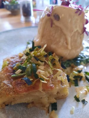 Plant Chicken & Leek Suet Pud with creamed spinach at Beck Hall in Malham