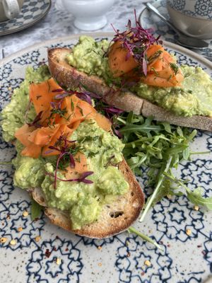 Avocado toast with carrot lox  at Beck Hall in Malham
