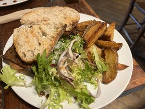 BLT! Very tasty - served with twice cooked chips and salad   at Plant Bar  in Derby