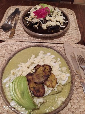 Mole negro y de pipian verde. El negro fue riquísimo!!! at Na Tlali in Mexico City