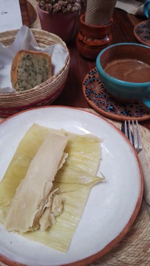 Tamal de Elote Dulce, Panque de Hoja Santa, Chocolate at Na Tlali in Mexico City