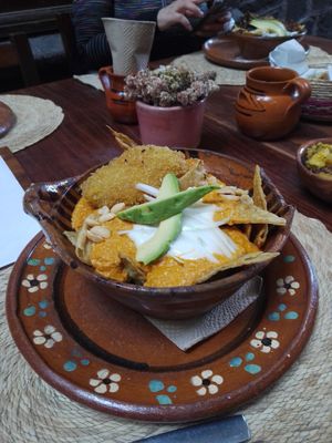 Chilaquiles de Mole Encacahuatado con Milanesa de setas empanizada at Na Tlali in Mexico City