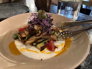 Roasted zucchini and king oyster mushroom with basil cashew sauce at BaganHood 蔬食餐酒館 in Taipei