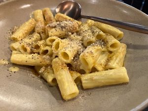 Mezze maniche with pepper and vegan egg yolk cheese at BaganHood 蔬食餐酒館 in Taipei