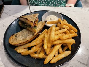 Pesto sandwich with a side of fries   at BaganHood 蔬食餐酒館 in Taipei