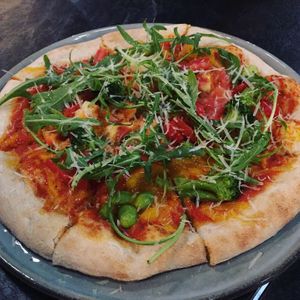 Vegan Pizza : homemade sausage, bacon, red onion and arugula  at BaganHood 蔬食餐酒館 in Taipei