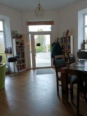 View from inside seating near counter at Monkey Mind in Berlin