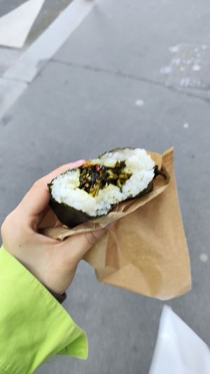The "Takana" pickled mustard onigiri. at Omusubi Gonbei in Paris