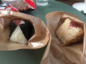 Ume onigiri (with nori and brown rice) at Omusubi Gonbei in Paris
