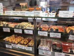 The onigiri with a big choice of vegan options (not all pictured) at Omusubi Gonbei in Paris