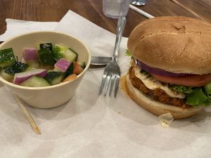 BBQ sandwich and cucumber salad #Veganuary at Sunflower Bakehouse in Nashville