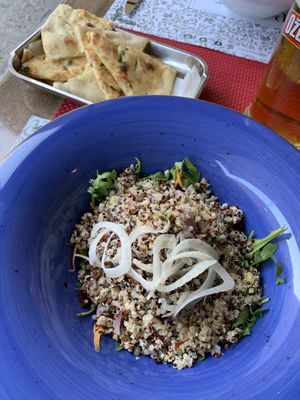 Vegan quinoa salad and garlic bread at Poklisar in Dubrovnik