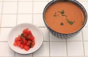 Watermelon gazpacho (with watermelon and green pesto toppings) at Romero Verde in Madrid