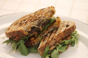 Grilled aubergine and dry tomato paté sandwich at Romero Verde in Madrid