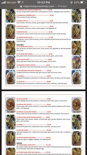 Vegetarian menu at Major Restaurant in Indianapolis