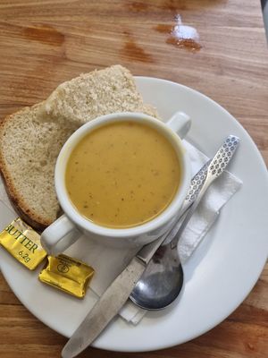 Vegan Butternut squash, coconut and chilli soup. Butter was not vegan during the visit at Laggan Wolftrax Cafe in Laggan